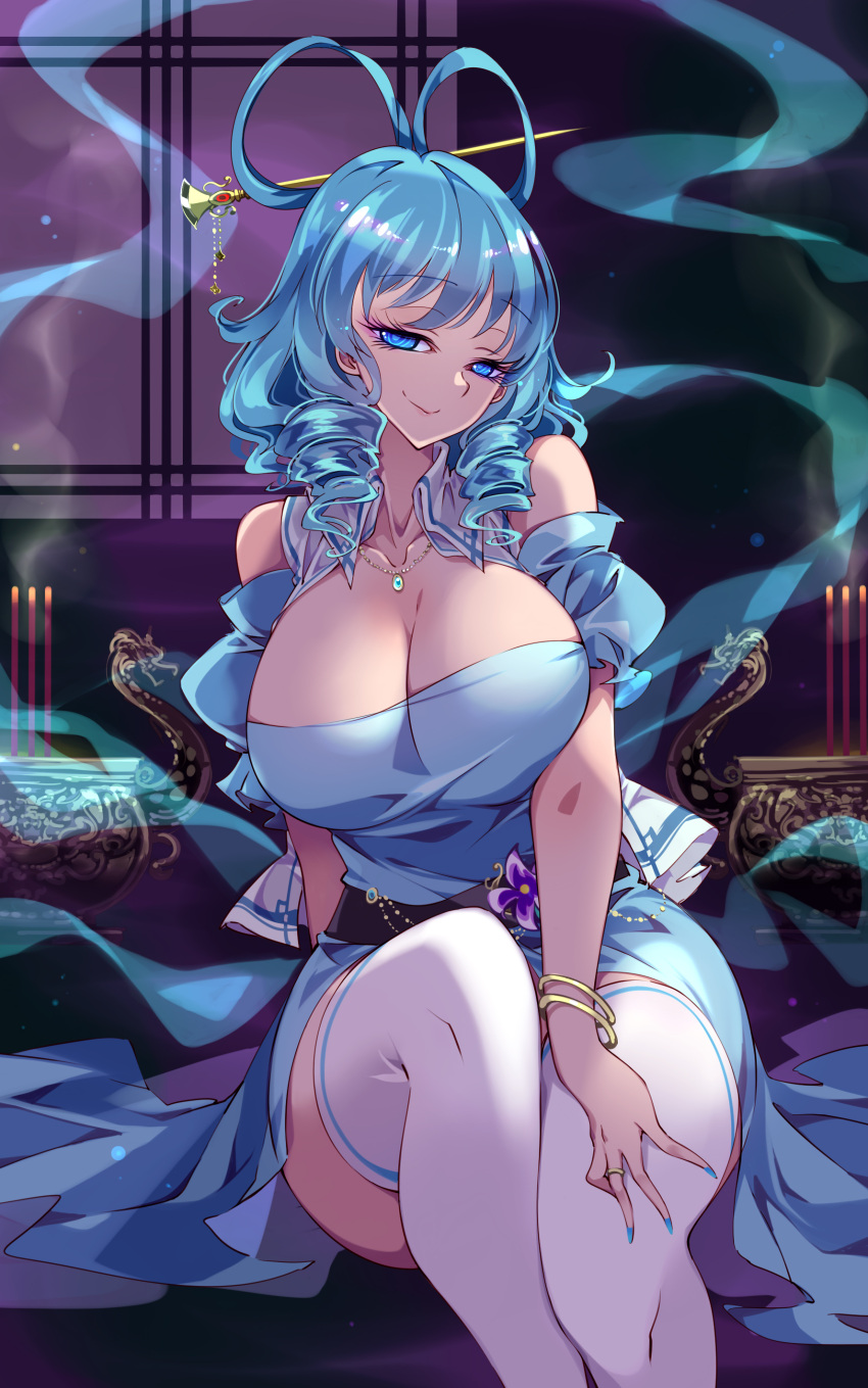 absurdres aqua_dress blue_dress blue_eyes blue_hair blue_nails breasts cleavage dress female flower hair_ornament hair_rings hair_stick highres huge_breasts incense incense_burner jewelry leg_ribbon light_blue_hair looking_at_viewer medium_hair necklace puffy_short_sleeves puffy_sleeves raptor7 ribbon seiga_kaku shawl short_sleeves smile solo thick_thighs thighs touhou white_legwear white_thighhighs