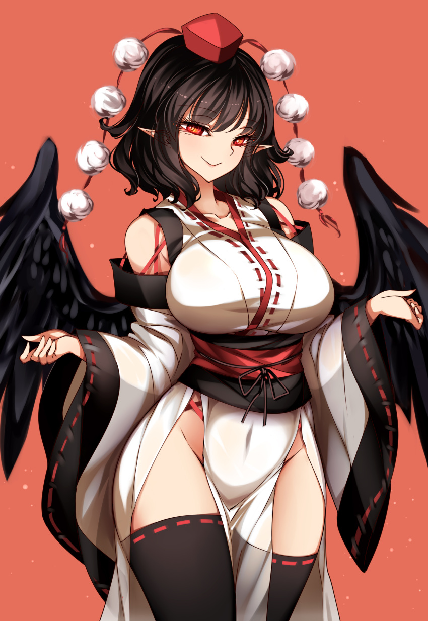 absurdres alternate_costume black_hair black_thighhighs black_wings breasts closed_mouth covered_navel cowboy_shot detached_sleeves eyelashes feathered_wings female hat highres japanese_clothes kourindou_tengu_costume large_breasts long_sleeves looking_at_viewer medium_hair naughty_face no_panties obi orange_background pelvic_curtain pointy_ears pom_pom_(clothes) raptor7 red_eyes red_headwear ribbon-trimmed_legwear ribbon-trimmed_sleeves ribbon_trim sash shameimaru_aya simple_background smile solo thighhighs tokin_hat touhou wide_sleeves wings