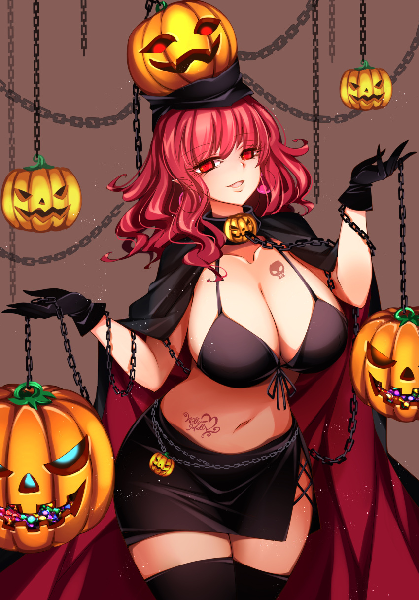 absurdres bikini bikini_top_only body_writing breast_tattoo breasts brown_background candy cape chains cleavage collarbone commentary_request earrings female food front-tie_bikini_top front-tie_top gloves halloween hecatia_lapislazuli highres hip_vent huge_breasts jack-o'-lantern jewelry looking_at_viewer navel open_mouth pointy_ears pumpkin raptor7 red_eyes red_hair skull_tattoo smile solo swimsuit tattoo thighhighs thighs touhou wavy_hair