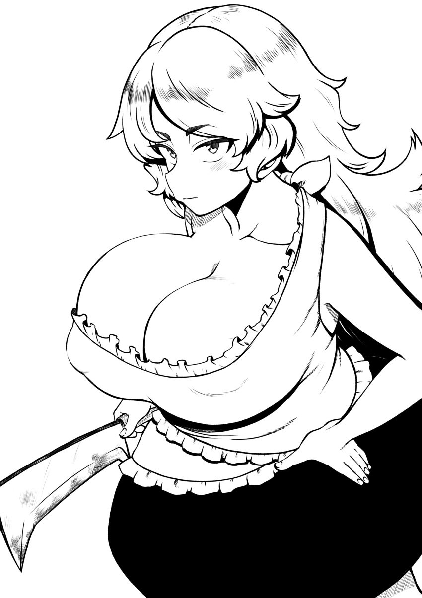 absurdres asymmetrical_breasts breasts cleavage closed_mouth covered_erect_nipples dress female hand_on_own_hip high_contrast highres himajin_noizu huge_breasts large_breasts long_hair looking_at_viewer monochrome nata_(tool) nemuno_sakata sakata_nemuno simple_background single_strap skirt solo touhou