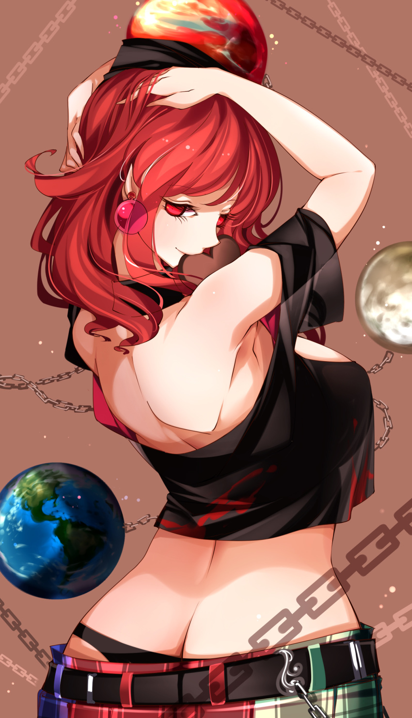 absurdres ass ass_cleavage back black_panties breasts brown_background butt_crack candy chains chocolate chocolate_heart choker commentary_request crop_top earrings earth_(ornament) female food hand_in_own_hair heart hecatia_lapislazuli highres jewelry large_breasts looking_at_viewer medium_hair midriff moon_(ornament) mouth_hold multicolored_clothes multicolored_skirt panties pointy_ears polos_crown raptor7 red_eyes red_hair shadow shirt simple_background skirt smile solo touhou underwear