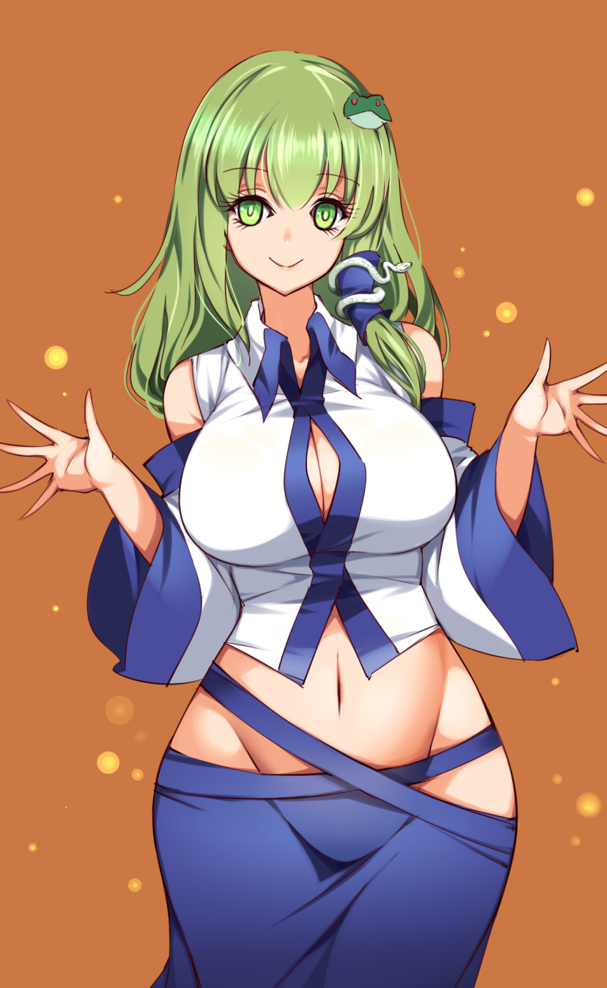 blue_skirt blush breasts bright_pupils brown_background cleavage cleavage_cutout clothing_cutout collared_shirt commentary cropped_legs female frog_hair_ornament green_eyes green_hair hair_between_eyes hair_ornament highres impossible_clothes impossible_shirt kochiya_sanae large_breasts long_hair long_sleeves looking_at_viewer navel no_panties raptor7 sanae_kochiya shirt sidelocks simple_background skin_tight skirt smile snake_hair_ornament solo symbol-only_commentary touhou white_pupils wide_sleeves