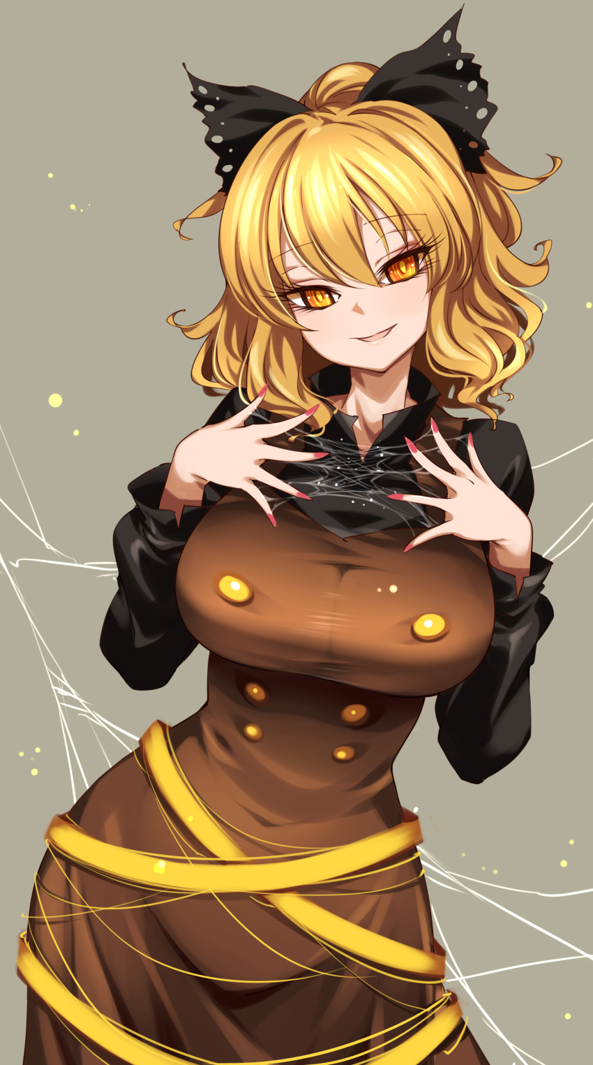 absurdres black_bow blonde_hair blush bow breasts bright_pupils brown_dress buttons contrapposto cowboy_shot dress female grey_background hairbow hands_up head_tilt highres kurodani_yamame large_breasts light_blush looking_at_viewer medium_hair nail_polish open_mouth parted_lips raptor7 red_nails silk simple_background smile solo spider_web touhou yamame_kurodani yellow_eyes