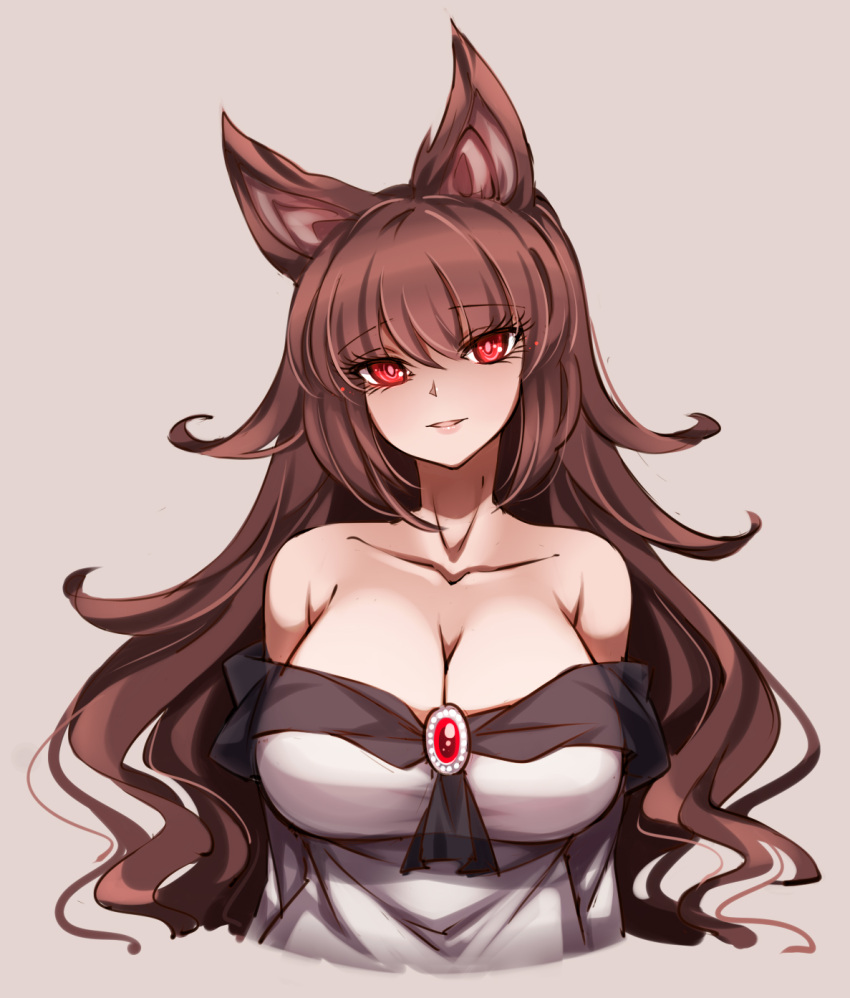 animal_ears breasts brooch brown_hair cleavage collarbone dress female highres imaizumi_kagerou jewelry kagerou_imaizumi large_breasts long_hair long_sleeves looking_at_viewer off-shoulder_dress off-shoulder_shirt off_shoulder open_mouth raptor7 red_eyes shirt solo touhou upper_body white_dress wolf_ears