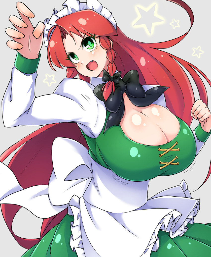 apron black_bow bow bowtie braid breasts female highres hong_meiling large_breasts long_sleeves maid maid_apron maid_headdress norori touhou twin_braids