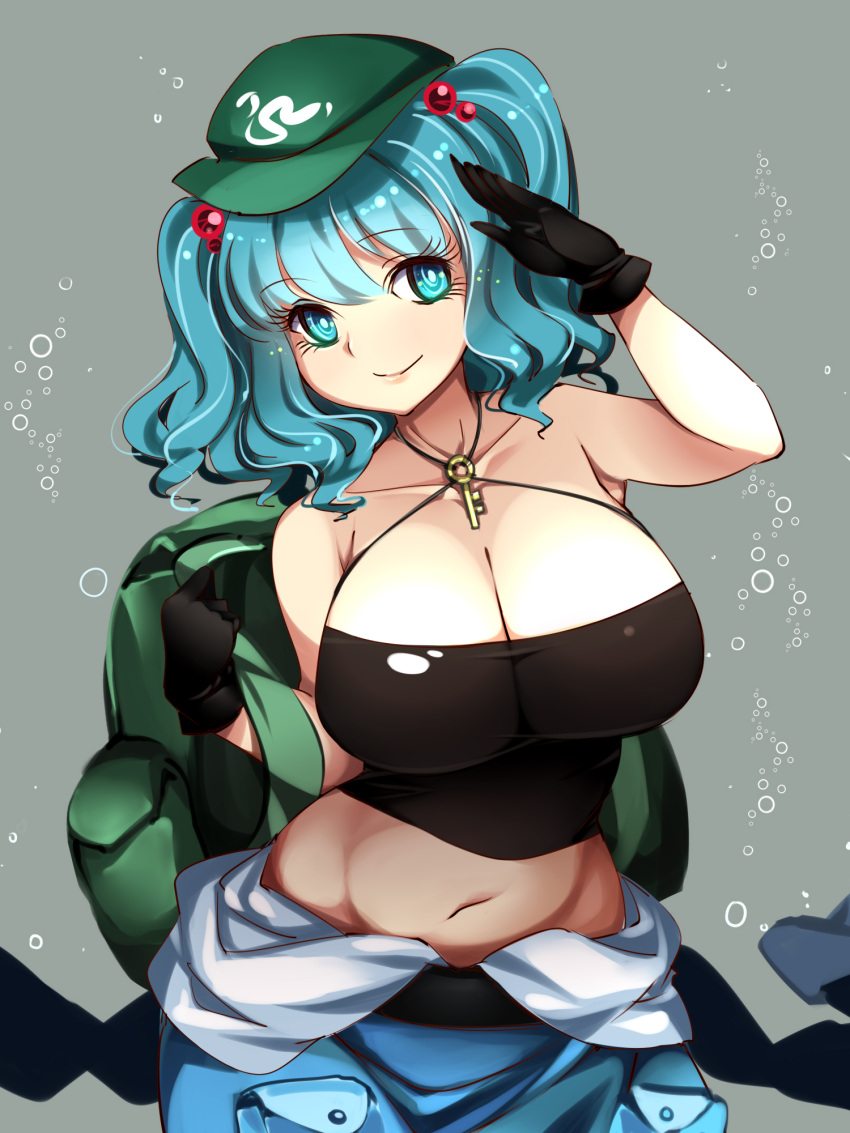 arm_up backpack bag black_gloves black_tank_top blue_eyes blue_hair breasts bubble cleavage closed_mouth cowboy_shot female flat_cap gloves green_headwear grey_background hair_bobbles hair_ornament hat head_tilt highres holding holding_bag kawashiro_nitori key large_breasts looking_at_viewer medium_hair navel nitori_kawashiro pocket raptor7 short_sleeves simple_background smile solo solo_female standing tank_top touhou twintails