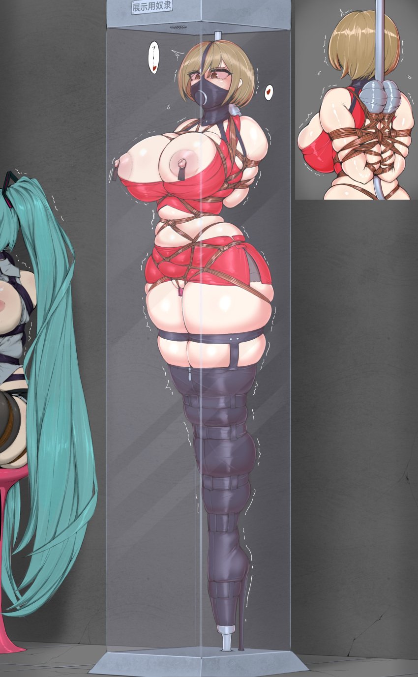 2girls ameng ameng_(katena1990) arms_behind_back big_breasts blue_hair bondage breasts breasts_out brown_hair exposed_breasts female femsub gag gagged hatsune_miku heart helpless hourglass_figure japanese_text living_trophy long_hair meiko meiko_(vocaloid) movement_lines multiple_girls nipple_clamps offscreen_character plug_gag reverse_prayer rope rope_bondage rope_harness sex_slave shaking short_hair skindentation slave solo_focus stationary_restraints tagme tape_bondage taped_hands text thick_thighs tied_arms tied_hands tied_up trembling twintails twitching vocaloid wide_hips