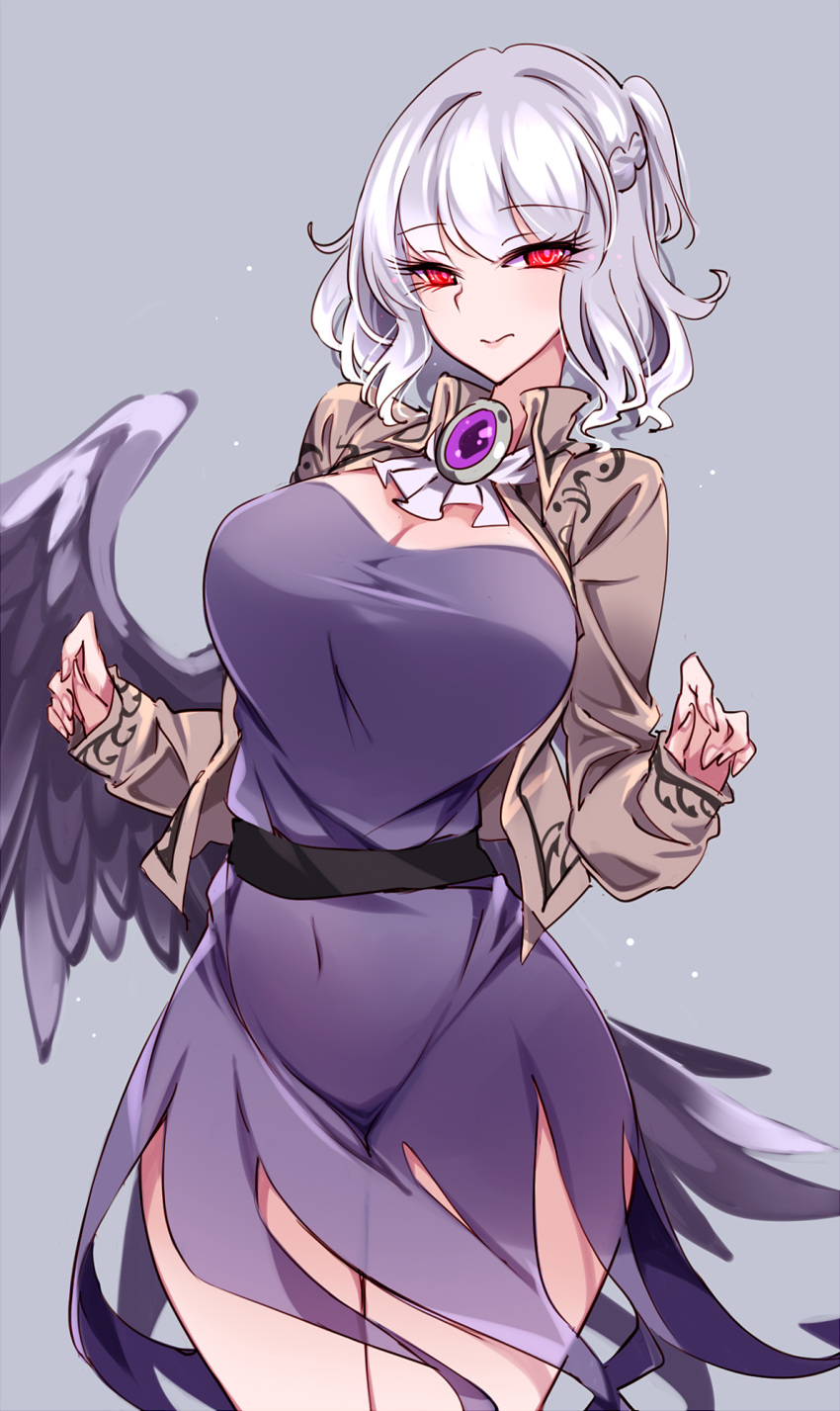 braid breasts brown_jacket cleavage closed_mouth covered_navel cowboy_shot dress feathered_wings female grey_background grey_hair grey_wings highres jacket large_breasts long_sleeves open_clothes open_jacket purple_dress raptor7 red_eyes sagume_kishin short_hair simple_background single_wing solo touhou wings