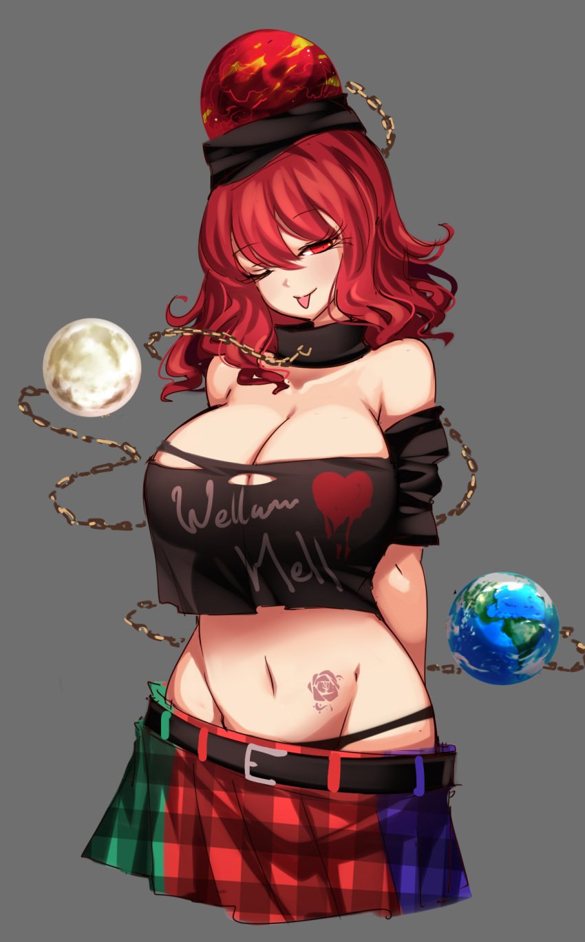 breasts chains choker cleavage clothes_writing cowboy_shot earth_(ornament) female gold_chain grey_background heart hecatia_lapislazuli highres large_breasts long_hair looking_at_viewer midriff moon_(ornament) multicolored_clothes multicolored_skirt navel one_eye_closed ornament panties planet raptor7 red_eyes red_hair see-through simple_background skirt solo standing stomach tattoo tongue tongue_out torn_clothes touhou underwear