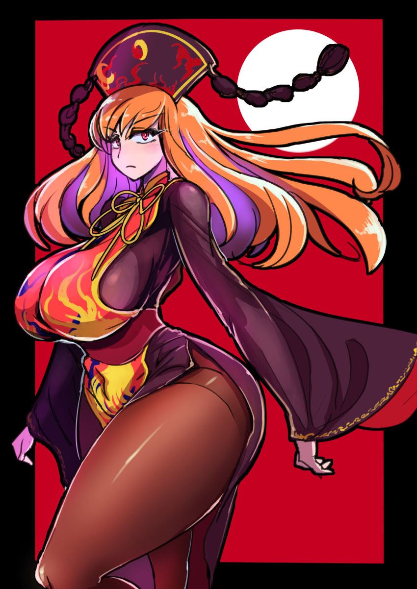 breasts chinese_clothes closed_mouth crescent curvy enajii female highres huge_breasts junko_(touhou) long_hair moon orange_hair pantyhose phoenix_crown red_eyes solo tabard thick_thighs thighs touhou