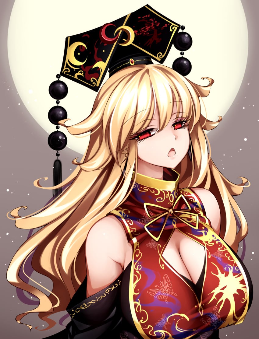 absurdres adapted_costume bare_shoulders black_headwear blonde_hair breasts brown_background cleavage cleavage_cutout clothing_cutout crescent detached_sleeves eyelashes female full_moon half-closed_eyes hat highres junko_(touhou) large_breasts long_hair looking_at_viewer moon open_mouth raptor7 red_eyes simple_background solo tabard tassel touhou upper_body wavy_mouth