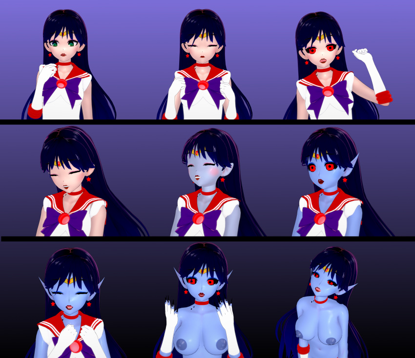 1girls 3d bishoujo_senshi_sailor_moon clothing corruption enemy_conversion fangs koikatsu medium_breasts nipples rei_hino sailor_mars sequence skin_color_change straight_hair transformation vampire wfay42