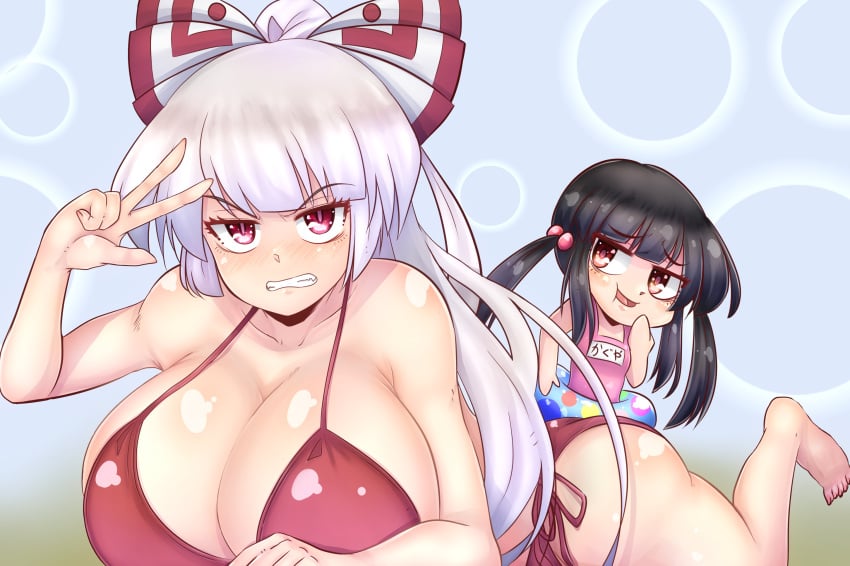 2girls annoyed big_ass black_hair blunt_bangs breasts brown_eyes female female_only fujiwara_no_mokou grey_hair highres hime_cut huge_breasts kaguya_houraisan long_hair multiple_girls norori red_eyes sidelocks swimsuit touhou very_long_hair white_hair