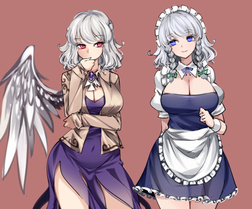 2girls blue_eyes braid breasts brooch brown_background cleavage commentary contrapposto cowboy_shot dress eyelashes female female_only frills highres izayoi_sakuya jewelry kishin_sagume large_breasts looking_at_another maid_headdress multiple_girls puffy_short_sleeves puffy_sleeves raptor7 red_eyes sagume_kishin sakuya_izayoi short_sleeves silver_hair simple_background single_wing touhou twin_braids wings wrist_cuffs