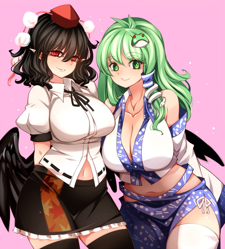 2girls absurdres black_hair black_legwear black_skirt black_wings blue_skirt breasts cleavage collarbone collared_shirt detached_sleeves feathered_wings female female_only frog_hair_ornament green_eyes green_hair hair_ornament hat highres kochiya_sanae long_hair looking_at_viewer medium_hair midriff miniskirt multiple_girls navel pink_background pointy_ears pom_pom_(clothes) raptor7 red_eyes red_headwear sanae_kochiya shameimaru_aya shirt simple_background skirt smile snake_hair_ornament standing thighhighs tokin_hat touhou white_legwear white_shirt wing_collar wings