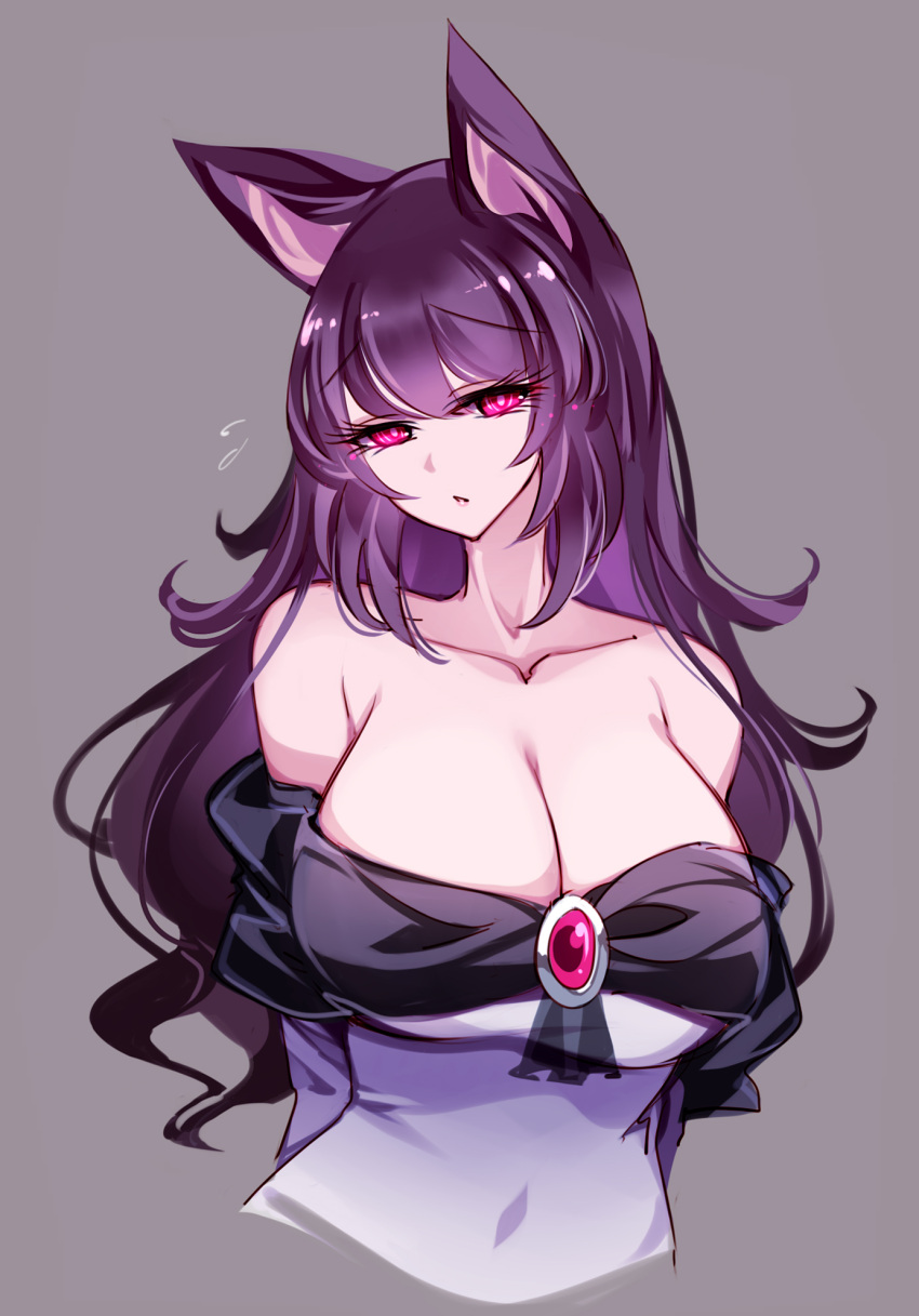 animal_ears arms_behind_back black_hair breasts cleavage commentary cropped_torso female flying_sweatdrops grey_background highres imaizumi_kagerou large_breasts long_hair looking_at_viewer off_shoulder parted_lips raptor7 red_eyes simple_background solo symbol-only_commentary touhou upper_body wolf_ears wolf_girl