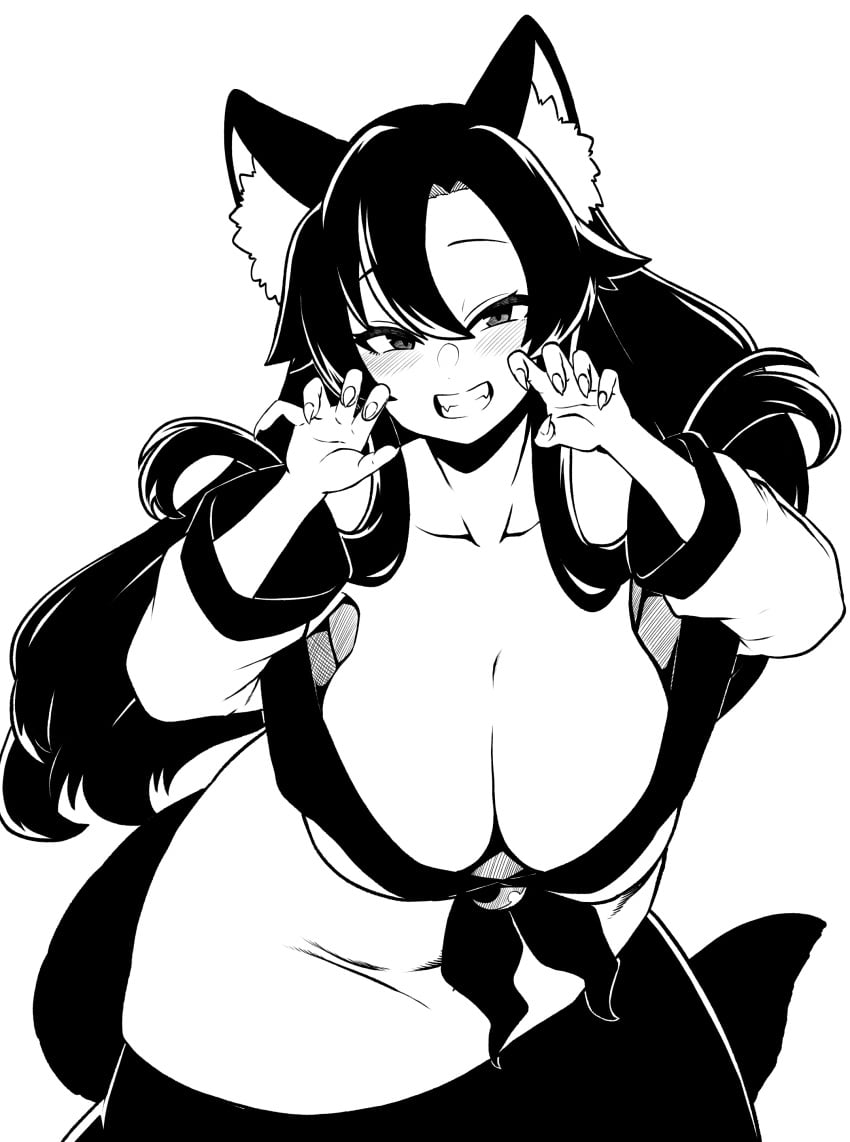 absurdres animal_ear_fluff animal_ears bent_over blush breasts claw_pose cleavage collarbone cowboy_shot dress female fingernails greyscale grin hair_between_eyes highres himajin_noizu huge_breasts imaizumi_kagerou long_hair looking_at_viewer monochrome sharp_fingernails sidelocks simple_background smile solo tail touhou very_long_hair wolf_ears wolf_tail