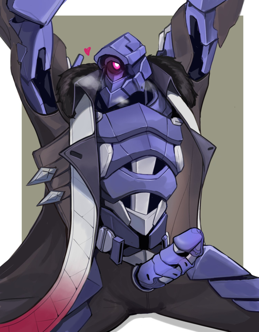 1boy arms_up bara blush breath coat erection feet_out_of_frame highres honkai:_star_rail honkai_(series) large_pectorals looking_to_the_side male_focus muscular muscular_male open_clothes open_coat pectorals purple_armor riner_(rinerr_r) robot robot_penis short_hair sitting solo solo_male spread_legs svarog_(honkai:_star_rail) uncensored