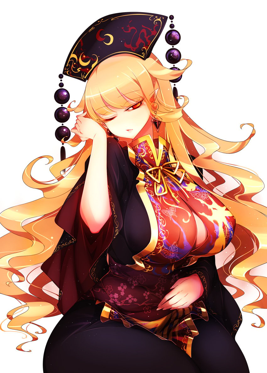 black_dress black_headwear blonde_hair breasts dress earrings eyelashes female fingernails floral_print highres jewelry junko_(touhou) large_breasts long_fingernails long_hair long_sleeves looking_at_viewer one_eye_closed parted_lips pointy_ears raptor7 red_eyes simple_background solo tabard tassel touhou wavy_hair white_background wide_sleeves