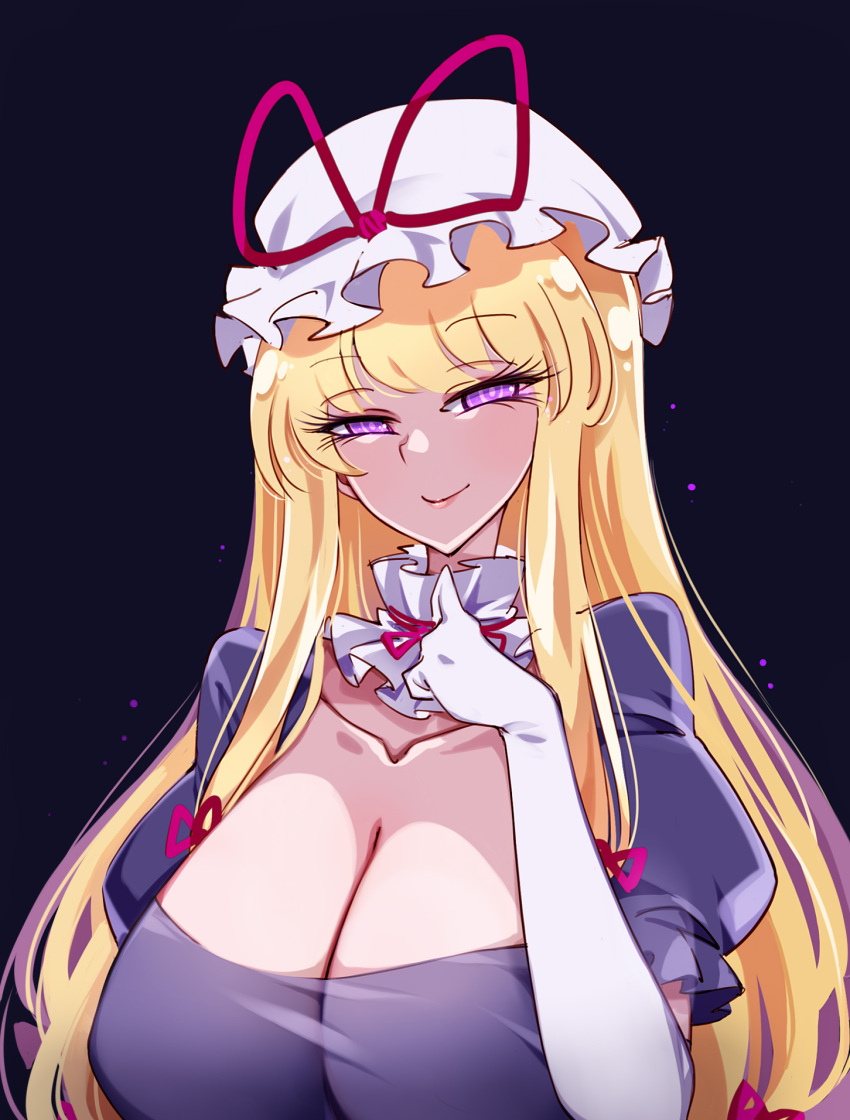 1girls black_background blonde_hair breasts cleavage closed_mouth collarbone dress elbow_gloves female gloves hat hat_ribbon highres large_breasts light-skinned_female light_skin long_hair mob_cap purple_dress purple_eyes raptor7 red_ribbon ribbon short_sleeves smile solo touhou upper_body white_gloves white_headwear yakumo_yukari yukari_yakumo