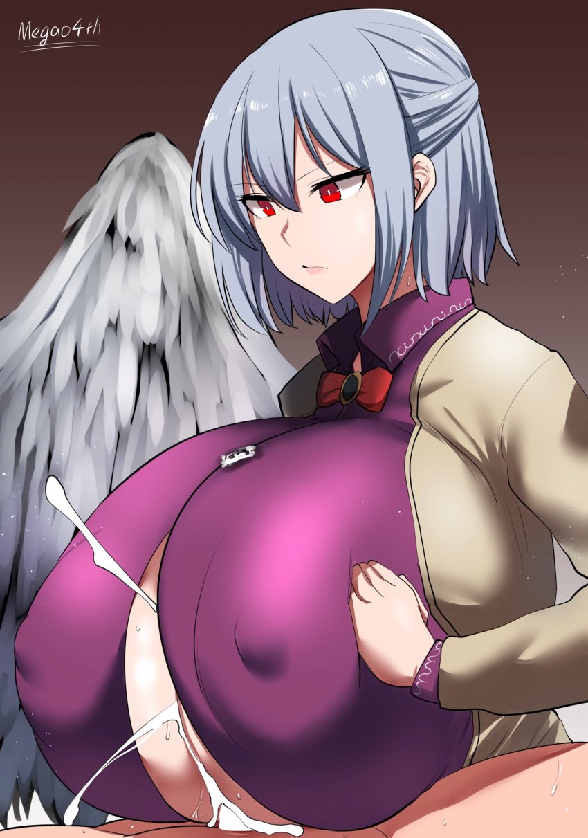 1boy 1girls artist_name breasts breasts_squeezed_together censored clothed_female_nude_male covered_erect_nipples cum cum_in_cleavage cumshot cumshot_in_chest ear ejaculation ejaculation_between_breasts engulfing_paizuri expressionless feathered_wings female gradient_background grey_hair highres huge_breasts kishin_sagume light-skinned_female light-skinned_male light_skin lips megao_3rd nude paizuri paizuri_under_clothes penis red_eyes sagume_kishin short_hair simple_background single_wing solo_focus straight touhou tsurime wings