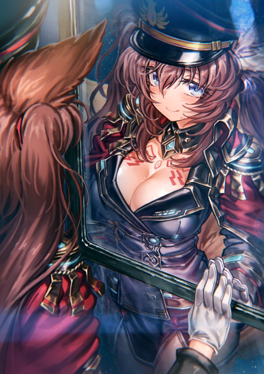 blue_eyes brown_hair caleen_keemosn cleavage collar commission eyebrows_visible_through_hair female female_only fox_ear fox_girl fox_tail gloves hair_ribbon huge_breasts kemonomimi kitsunemimi looking_at_viewer military_hat military_uniform multiple_tails oh_you_udon reflection runes runes_on_skin safe_for_work smile space star_ocean star_ocean_anamnesis tattoo tight_clothing twintails very_long_hair wholesome window