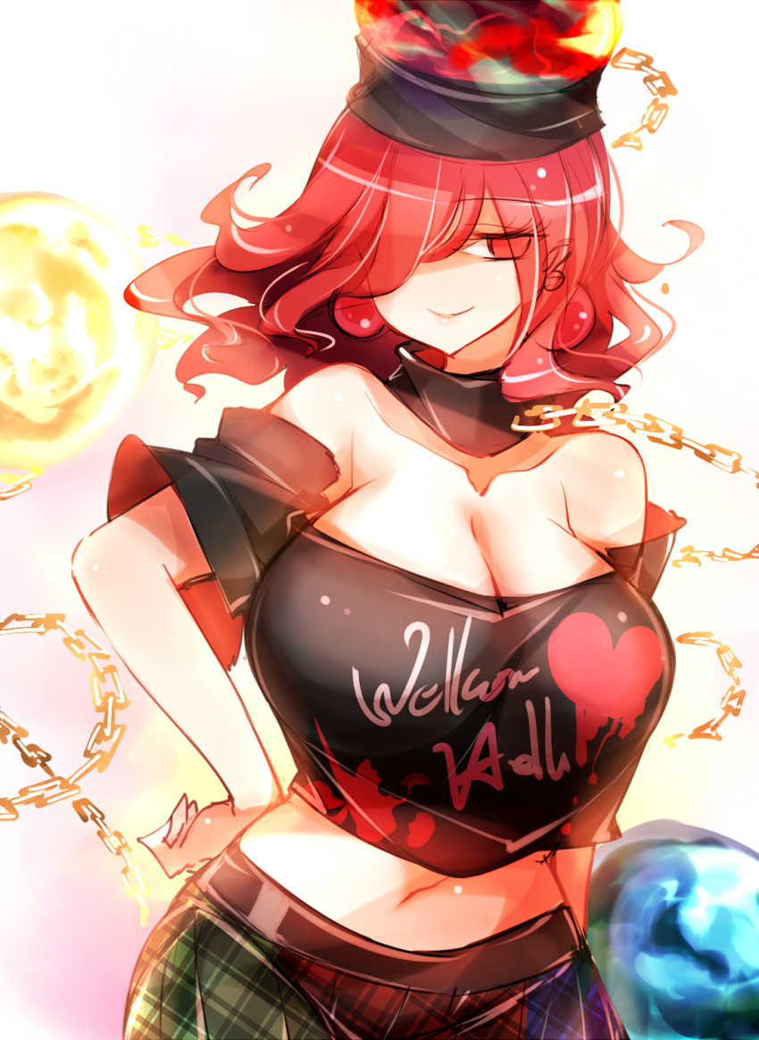 bare_shoulders black_choker black_shirt blue_skirt breasts chains choker cleavage clothes_writing collarbone commentary crop_top earrings earth_(ornament) female gradient_background green_skirt hair_over_one_eye hand_on_own_hip heart hecatia_lapislazuli highres jewelry large_breasts long_hair looking_at_viewer midriff moon_(ornament) multicolored_clothes multicolored_skirt navel no_nose off-shoulder_shirt off_shoulder pink_background plaid plaid_skirt polos_crown raptor7 red_eyes red_hair red_skirt shirt short_sleeves skirt smile solo t-shirt touhou white_background