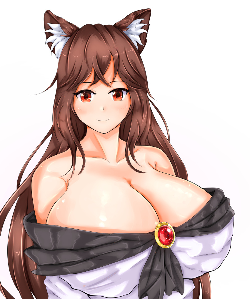 absurdres animal_ears bad_id bad_pixiv_id bare_shoulders breasts brooch brown_hair cleavage closed_mouth collarbone commentary_request dress female highres huge_breasts imaizumi_kagerou jewelry kurv_shiz long_hair looking_at_viewer off-shoulder_dress off_shoulder red_eyes simple_background smile solo touhou upper_body very_long_hair white_background wolf_ears