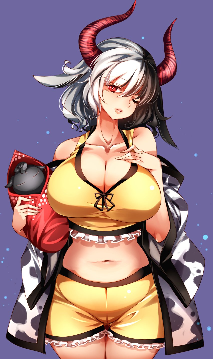 absurdres animal_ears animal_print bare_arms bare_shoulders black_hair breasts cleavage collarbone cow_ears cow_girl cow_horns cow_print cowboy_shot curvy duplicate eyelashes female frilled_shorts frills grey_hair hand_on_own_chest haori highres horns japanese_clothes large_breasts lips looking_at_viewer midriff mole mole_under_eye multicolored_hair navel one_eye_closed pixel-perfect_duplicate purple_background raptor7 red_eyes red_horns shorts simple_background skindentation smile solo split-color_hair statue tank_top touhou two-tone_hair urumi_ushizaki ushizaki_urumi yellow_shorts