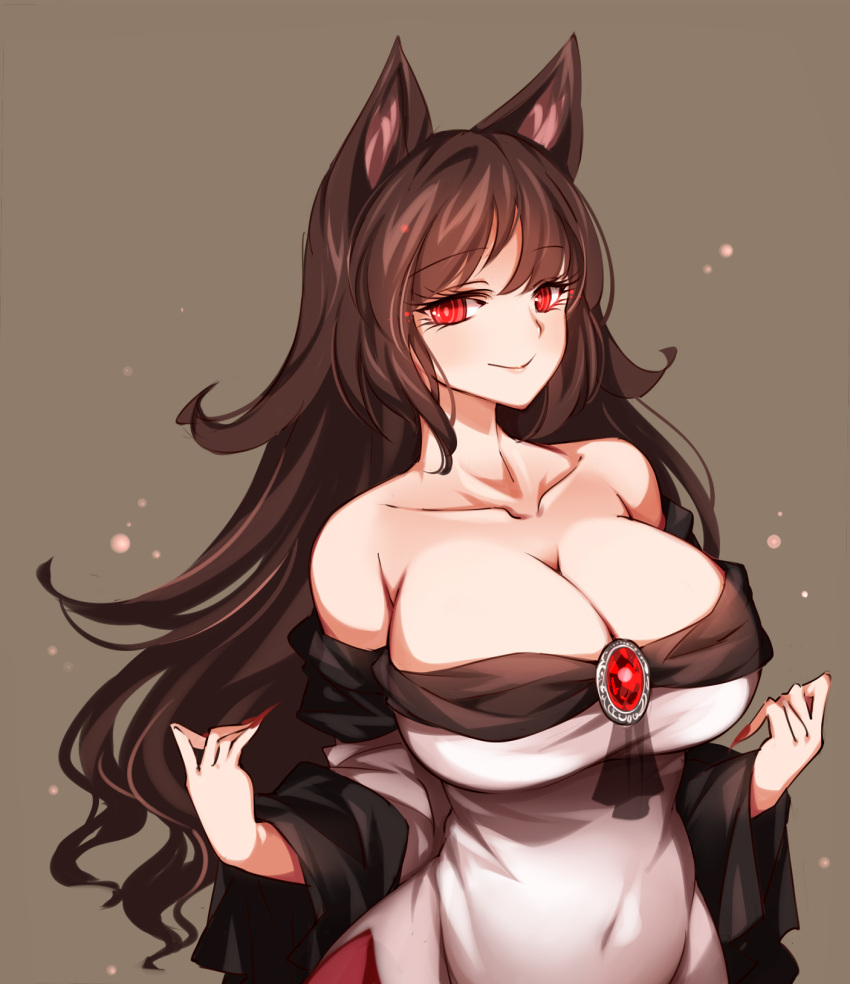 animal_ears bare_shoulders breasts brown_background brown_hair cleavage closed_mouth collarbone eyelashes female fingernails flipped_hair highres huge_breasts imaizumi_kagerou long_fingernails long_hair long_sleeves looking_at_viewer nail_polish off-shoulder_shirt off_shoulder raptor7 red_eyes sharp_fingernails shirt smile solo swept_bangs touhou upper_body very_long_hair wolf_ears