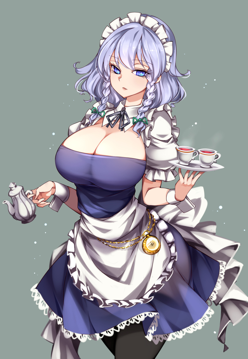 absurdres apron blue_eyes breasts cleavage clock cup female highres izayoi_sakuya large_breasts maid maid_apron maid_headdress pantyhose pocket_watch raptor7 sakuya_izayoi silver_hair skirt solo teacup touhou watch