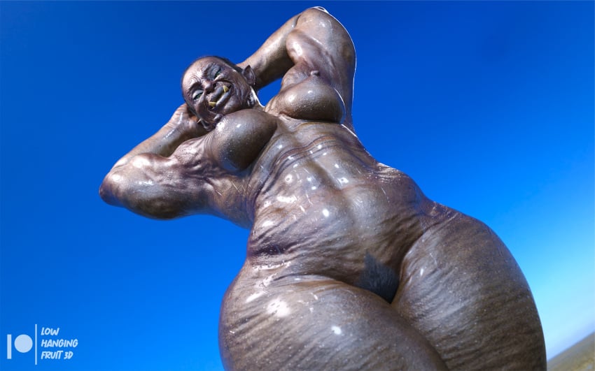 3d 3d_(artwork) belly black_hair breasts daz3d daz_3d daz_studio female large_breasts looking_at_viewer lowhangingfruit3d_(artist) mature_female muscle muscles muscular muscular_female muscular_thighs nipples nude older_female orc orc_female pinup pointy_ears ponytail pubes pubic_hair pussy red_skin smiling_at_viewer thick_ass thick_thighs watermark wet wet_body wet_skin