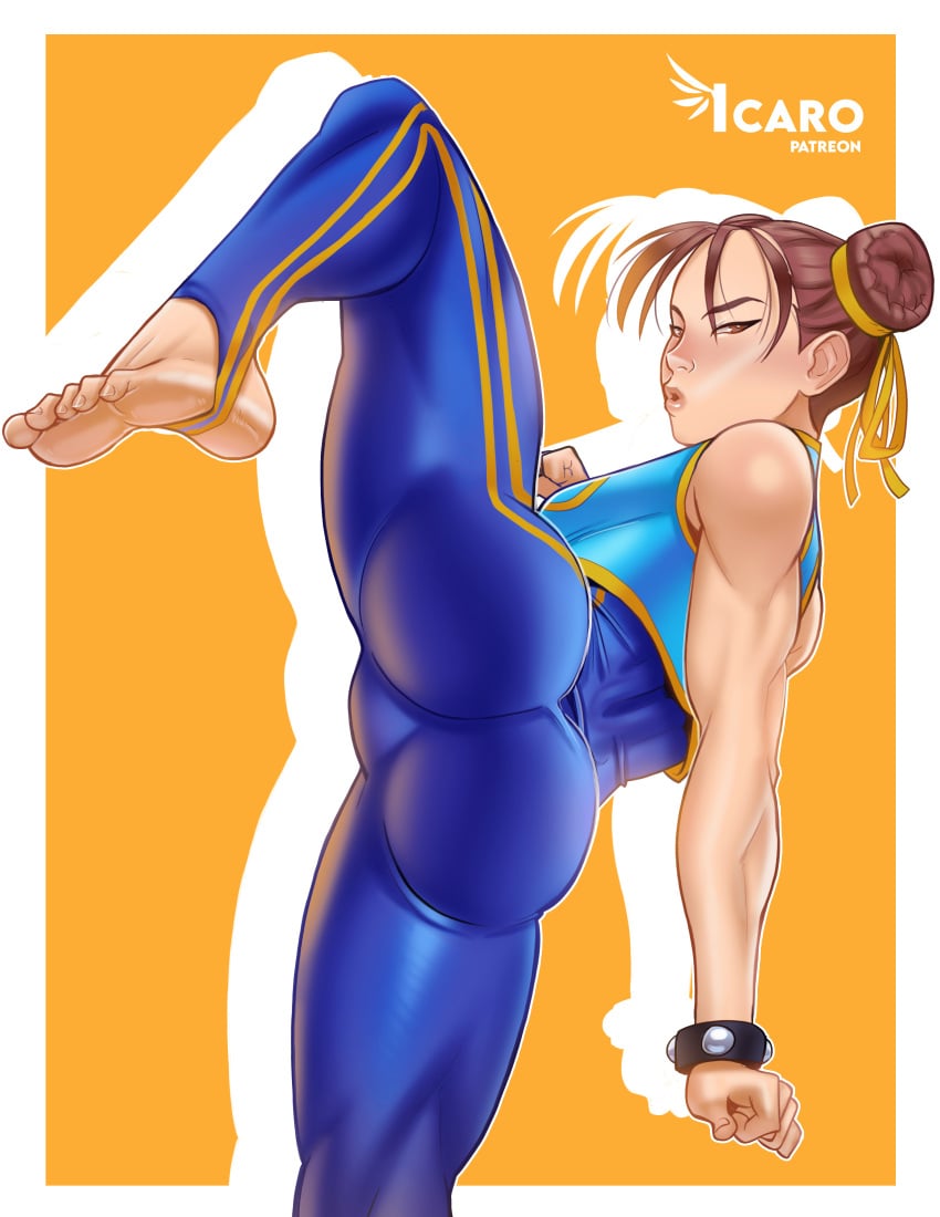 1girls 2d andava asian asian_female ass bent_leg brown_eyes brown_hair capcom chun-li female female_only fighting_stance flexible hair_buns icaroart looking_at_viewer narrowed_eyes pose solo spiked_bracelet standing_on_one_leg standing_split street_fighter street_fighter_alpha very_high_resolution