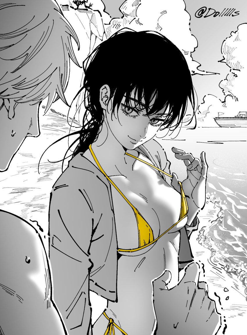 ) 1boy 1girls beach bikini bikini_pull black_hair breasts cleavage clothes_pull collarbone denji_(chainsaw_man) dollllls female greyscale highres long_hair looking_at_another medium_breasts mitaka_asa monochrome ocean outdoors sand side-tie_bikini_bottom smile spot_color swimsuit teasing yellow_bikini