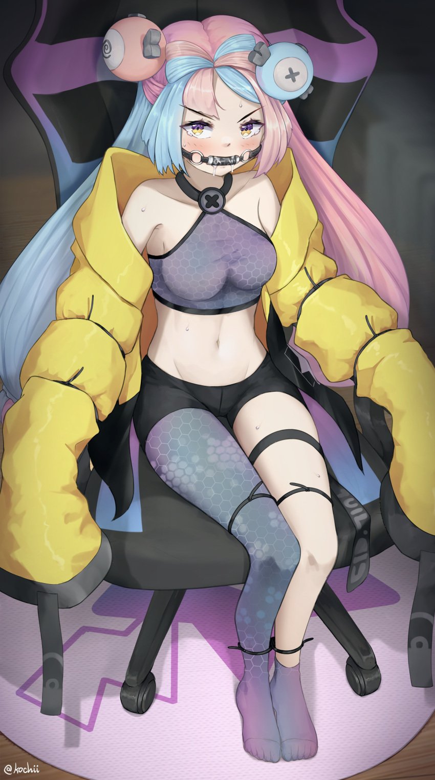 1girls bit_gag blue_hair blush bondage breasts chair_bondage coat defiant drool feet gag gagged iono_(pokemon) kochiyo-desu navel office_chair one_thighhigh pink_hair pokemon pokemon_sv rolling_chair see-through_clothing shorts tears two_tone_hair wheels yellow_eyes zip_tie