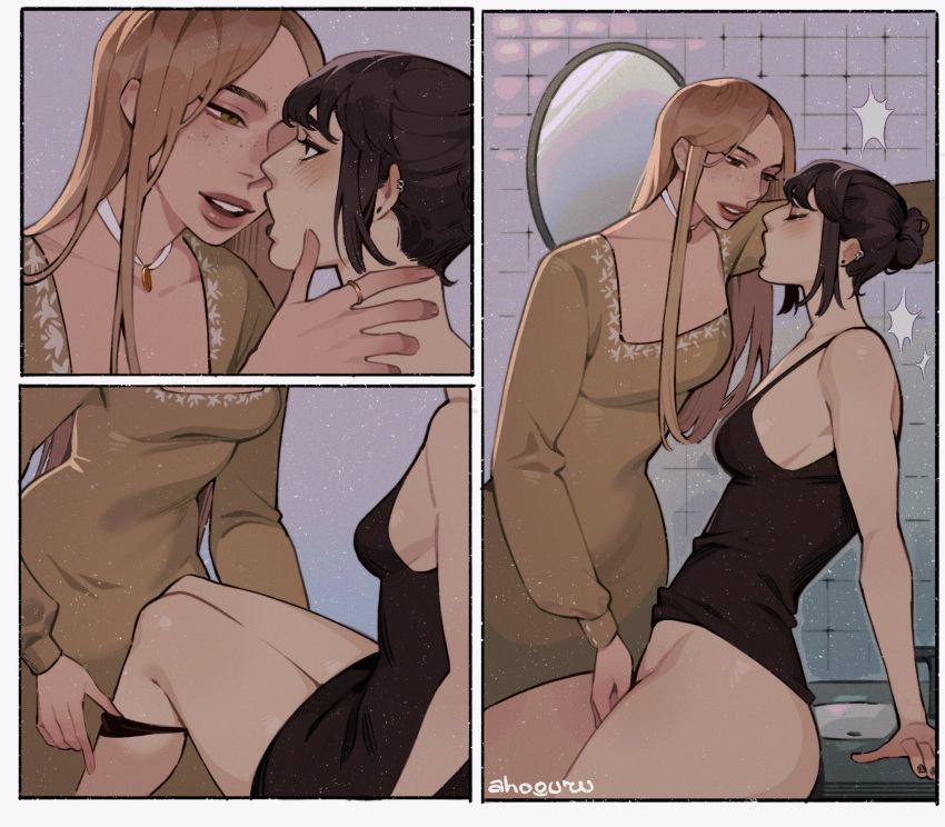 ahageao49 ahoguru bathroom black_lips blush brown_hair earrings fingering highres jewelry long_hair mirror original pulling_off_legwear ring vaginal_penetration yuri