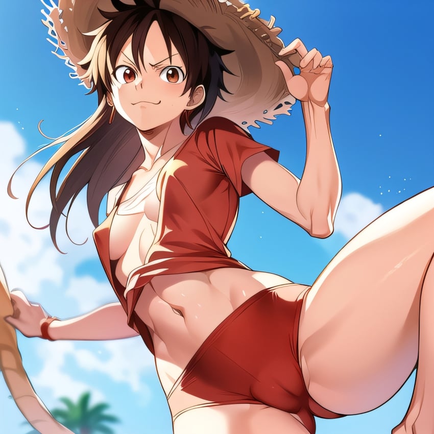 1girls ai_generated artist_request cameltoe female female_only genderswap luffyko monkey_d_luffy one_piece rule_63