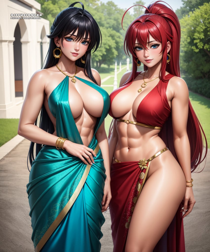 2demons abs ai_generated akeno_himejima big_breasts black_hair cleavage diffusionlad female female_only harem_outfit high_resolution high_school_dxd indian_clothes midriff muscular_female ponytail red_hair rias_gremory sari stable_diffusion