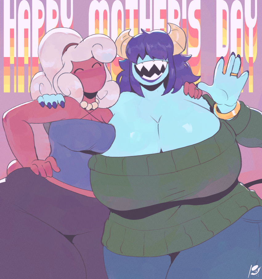 2girls ass big_ass big_breasts blue_skin breast_focus breasts claudia_(peculiart) dandy_demons demon female female_only milf mother mothers_day peculiart red_skin sue_(peculiart) thick_ass thick_thighs