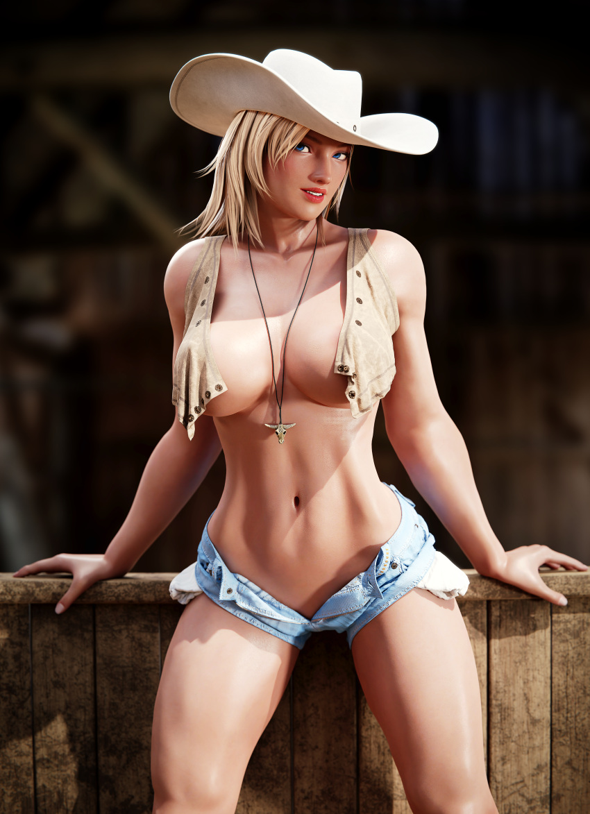 1girls 3d american barn big_ass big_breasts big_butt blonde_hair blue_eyes cowboy_hat dead_or_alive enslaverofhumanity female female_focus female_only hat hourglass_figure jean_shorts large_ass large_breasts midriff navel necklace open_shirt shaved_crotch shaved_pussy shorts smile solo solo_female solo_focus tina_armstrong voluptuous voluptuous_female