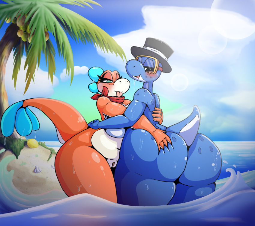 anthro ass bandana beach big_breasts big_butt blue_body blue_skin blush breasts clothing dorrie eyewear female female/female genitals goggles hat headgear headwear hi_res iguanasarecool kerchief mario_(series) nintendo orange_body orange_skin outside palm_tree plant plessie pussy sand scalie seaside super_mario_3d_world super_mario_odyssey tail thick_thighs tongue tree water wide_hips