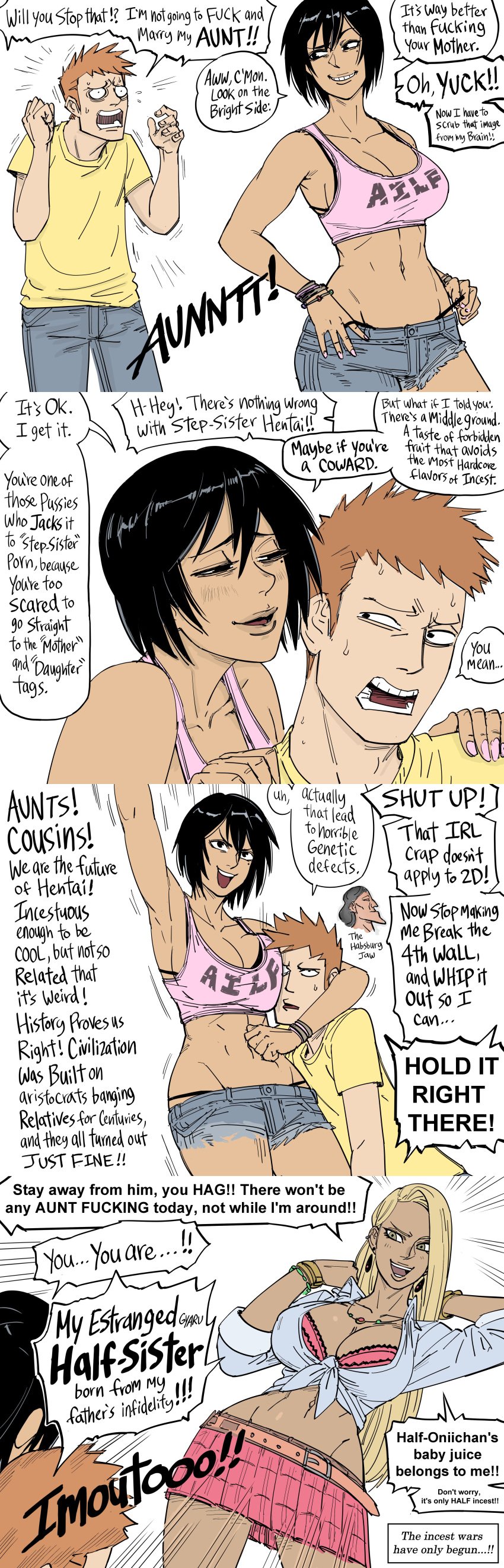 1girls 2girls 4koma age_difference aunt_and_nephew bb_(baalbuddy) blonde_hair breasts brother_and_sister clothed colored dark-skinned_female dark_skin edit english_text female gyaru humor incest large_breasts mature_female mole mole_under_eye step-incest stitched text zimmernic