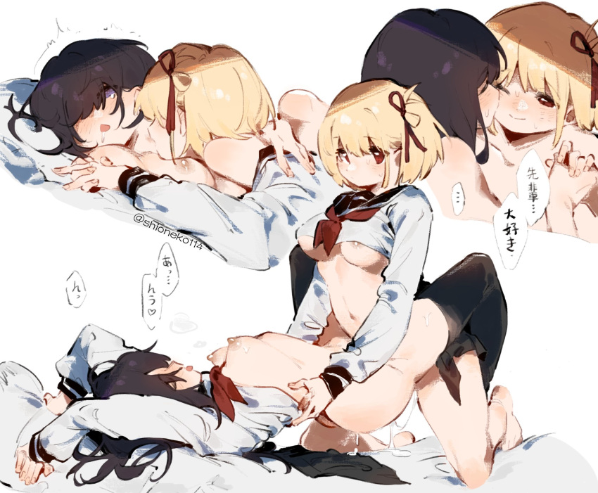 1futa 1girls alternate_costume areolae black_hair black_hair_bottom blonde_hair blonde_hair_on_black_hair blonde_hair_top bottomless breasts closed_mouth clothed clothing domination duo female futa_on_female futa_with_female futanari hair_ribbon highres human inoue_takina light-skinned_female light-skinned_futanari light_hair_on_dark_hair light_skin long_hair lycoris_recoil medium_breasts mostly_nude multiple_girls nipples nishikigi_chisato one_eye_closed purple_eyes red_eyes red_ribbon ribbon school_uniform serafuku sex shioneko114 short_hair smile