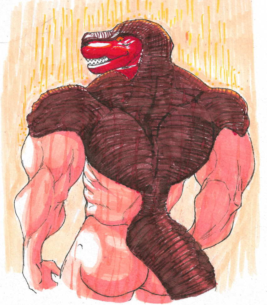 absurd_res anthro ass barazoku biceps dinosaur hi_res human king_of_dinosaurs king_of_fighters looking_at_viewer male male/male male_only mammal mask muscular muscular_male nude pinumontbalou rear_view reptile scalie shower smile snk solo tail teeth traditional_media_(artwork) wet wet_body yellow_eyes