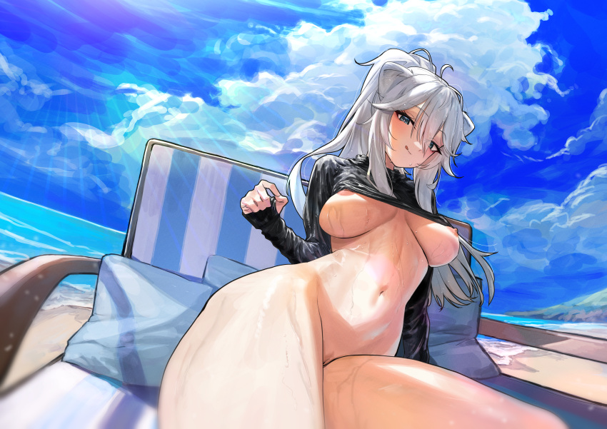 1girls 2d :q absurdres animal_ears areolae beach beach_chair belly belly_button blue_eyes blue_sky blush boobs bottomless breasts clothed clothing cloud day digital_drawing_(artwork) dripping dripping_wet erect_nipples exposed_breasts exposed_nipples eyelashes female female_focus female_only grey_hair hair_between_eyes highres hips hololive hololive_gen_5 hololive_japan image large_breasts legs legs_together light-skinned_female light_skin lion_ears lion_girl long_hair long_sleeves looking_at_viewer mostly_nude naked naked_female navel nipples nude nude_female ocean outdoors partially_clothed pink_nipples ponytail pussy shaved_pussy shirt_lift shirt_up shishiro_botan sitting sky sole_female solo stomach sweat sweating sweaty_body swimsuit thighs tits tongue tongue_out urokong vagina virtual_youtuber waist wet_body