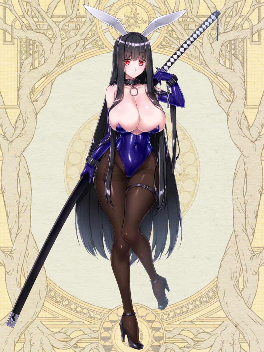 black_choker black_footwear black_hair blue_gloves blue_leotard breasts broken_handcuffs brown_pantyhose chains choker cleavage cocytus_(wind_master) collar covered_navel dairoku_ryouhei elbow_gloves female female_only gloves high_heels highres huge_breasts katana large_breasts leotard long_hair lucrezia_astrude pantyhose red_eyes sheath sheathed sword thigh_strap very_long_hair weapon yellow_background