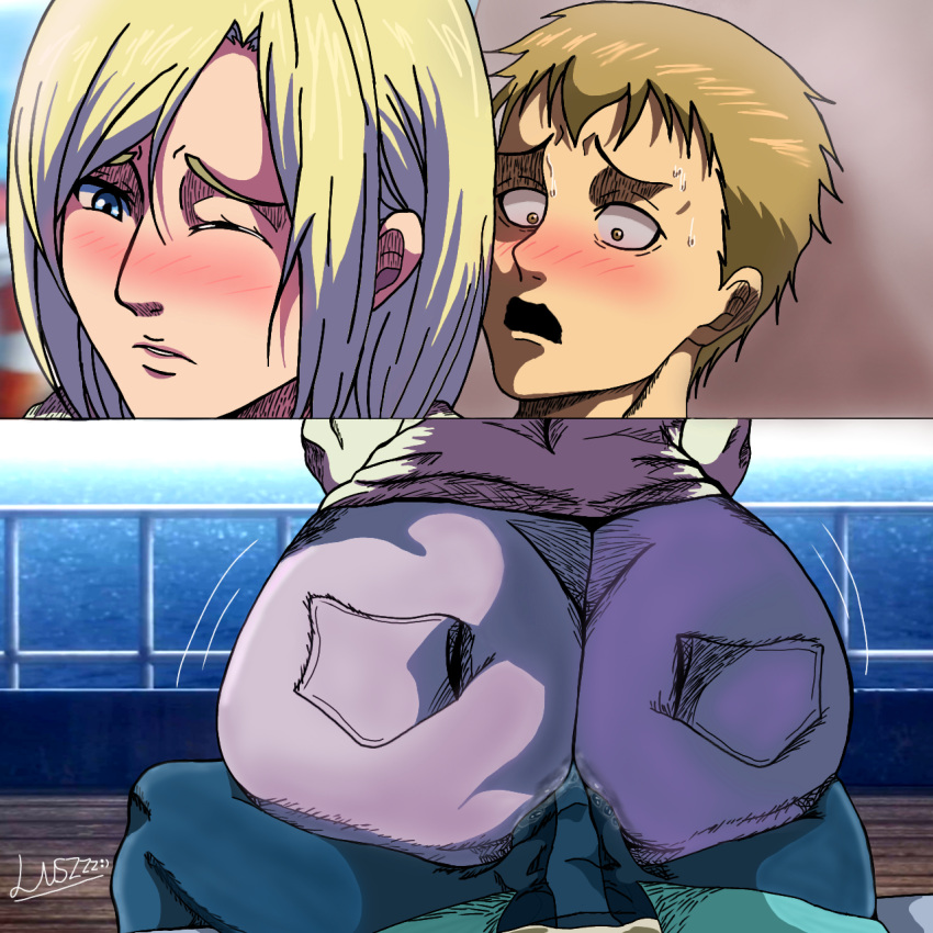 age_difference annie_leonhardt ass attack_on_titan big_ass big_penis blush erection falco_grice grinding lilnaszzz shingeki_no_kyojin sitting tagme tagme_(artist) wet wet_clothes