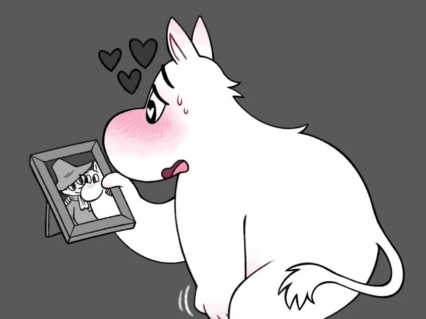 <3_eyes anthro back_tuft biped blush blush_lines bodily_fluids eyebrows grey_background heart holding_object human itsamehornio male mammal masturbation moomin moomintroll motion_lines neck_tuft open_mouth penile penile_masturbation picture_frame prick_ears semi-anthro simple_background snufkin solo sweat sweatdrop sweaty_face tail tail_tuft the_moomins tongue troll tuft