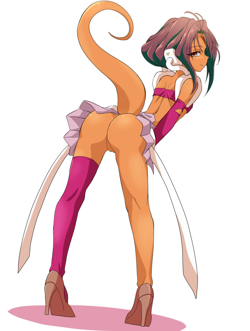 ass bishoujo_senshi_sailor_moon castor_(sailor_moon) clam_curry cleft_of_venus clothing clothing_cutout colored_skin dark_kingdom facial_mark female forehead_mark full_body gloves high_heels highres leaning_forward looking_at_viewer looking_back monster_of_the_day no_panties orange_skin pussy red_eyes red_hair simple_background single_glove single_thighhigh skirt smile solo standing stockings straight_hair tail_raised thighhighs upskirt villainess white_background youma