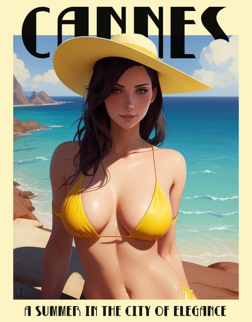 advertisement advertising ai_generated barely_clothed barely_covered big_breasts bikini bikini_top blue blue_eyes boobs brown_hair elegant half-dressed hat lamoirami nonude pinup poster sea seaside seductive seductive_eyes seductive_look seductive_smile summer swimsuit tits warm warm_colors warm_lighting yellow